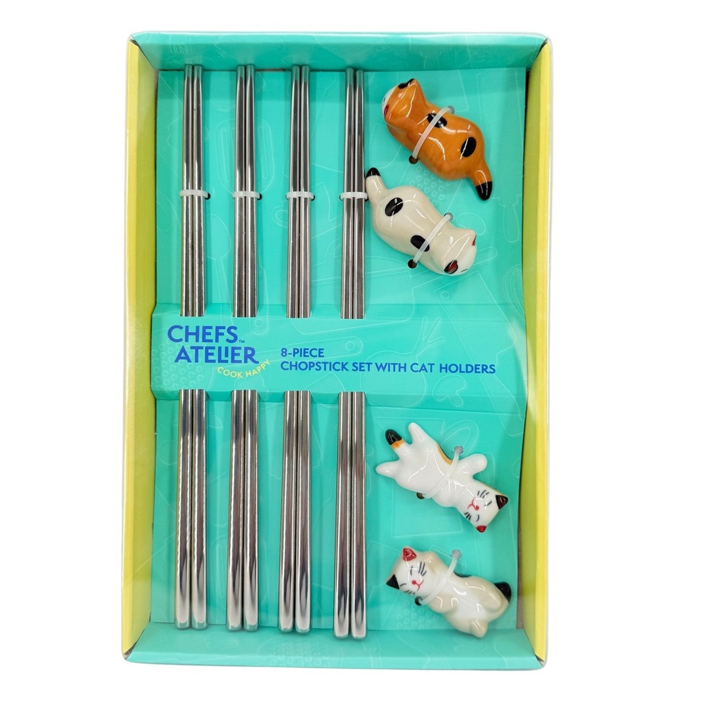 Chefs Atelier 8 Piece Chopstick Set with Kitty Cat Holders Stainless Steel NEW